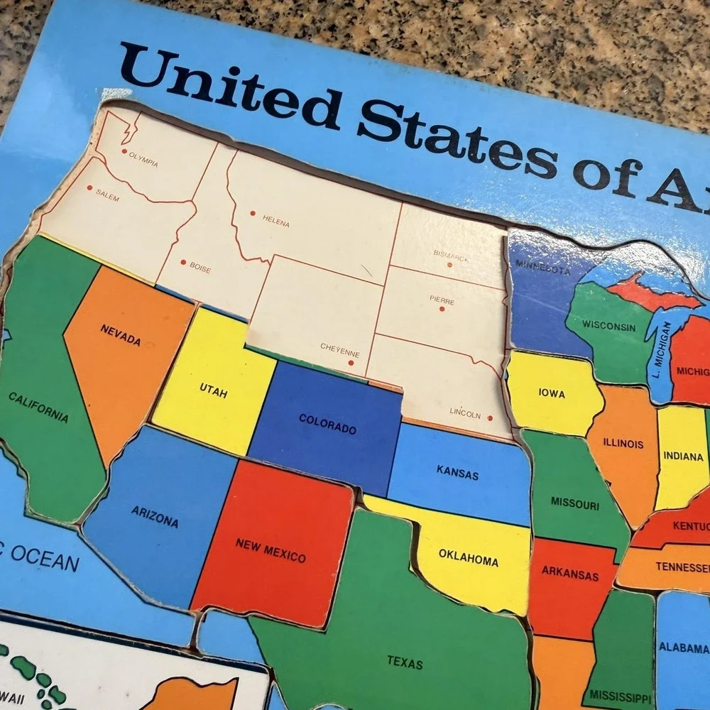 Vintage 1971 Connor Toy United States Map Wood Tray Puzzle 14 Piece Multicolor